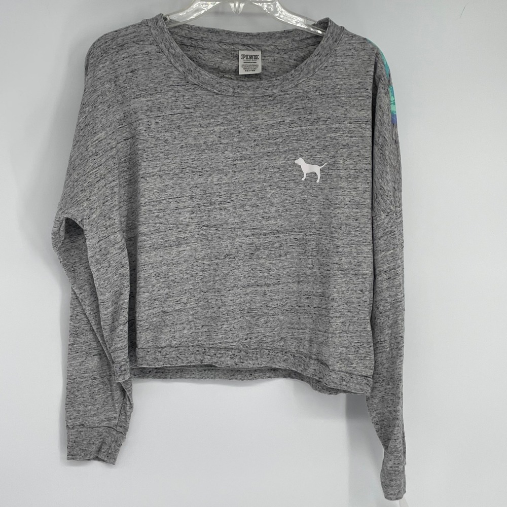 PINK Victoria's Secret Gray Graphic Sweatshirt Cropped Palmโ Leaf Logo S